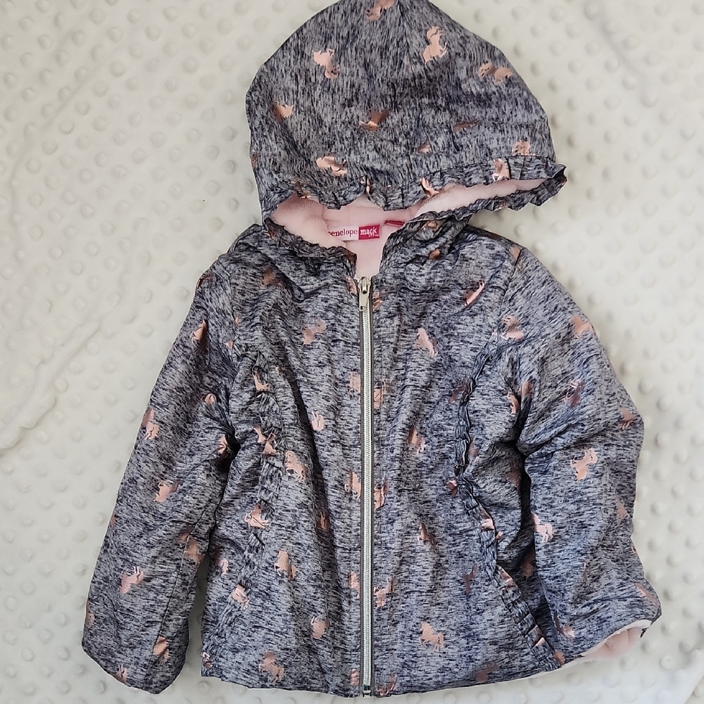 Gray Heather Puffer Jacket with Pink Unicorns